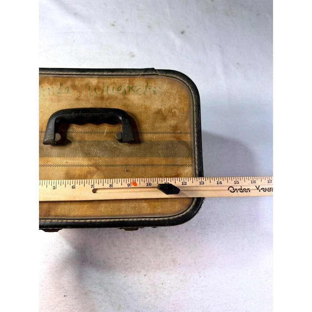 Vintage 1940s Canvas Train Case Overnight Cosmetic Vanity Suitcase Luggage Tan